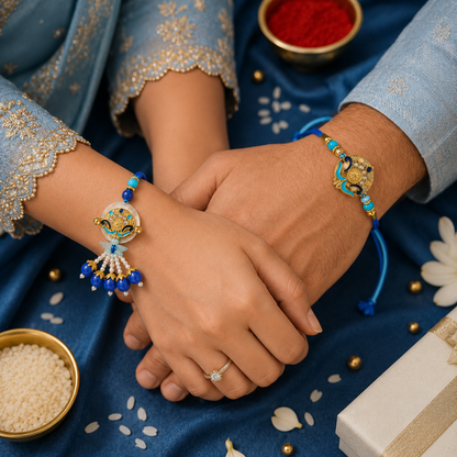Bhaiya Bhabhi Rakhi Set – Blue Flower Crystal Design