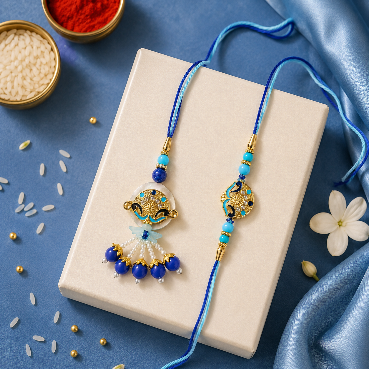 Bhaiya Bhabhi Rakhi Set – Blue Flower Crystal Design