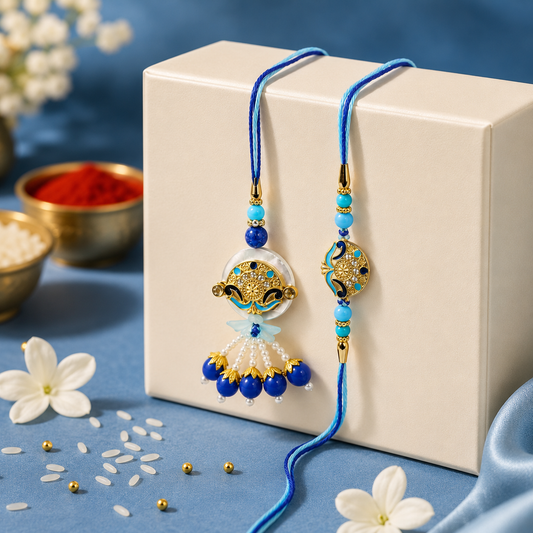 Bhaiya Bhabhi Rakhi Set – Blue Flower Crystal Design