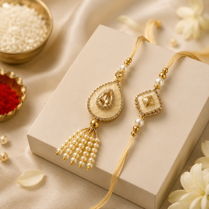 Bhaiya Bhabhi Rakhi Set – Beige Crystal Design