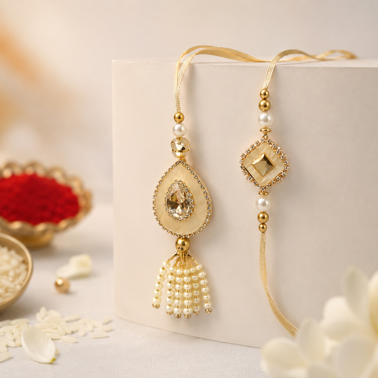 Bhaiya Bhabhi Rakhi Set – Beige Crystal Design