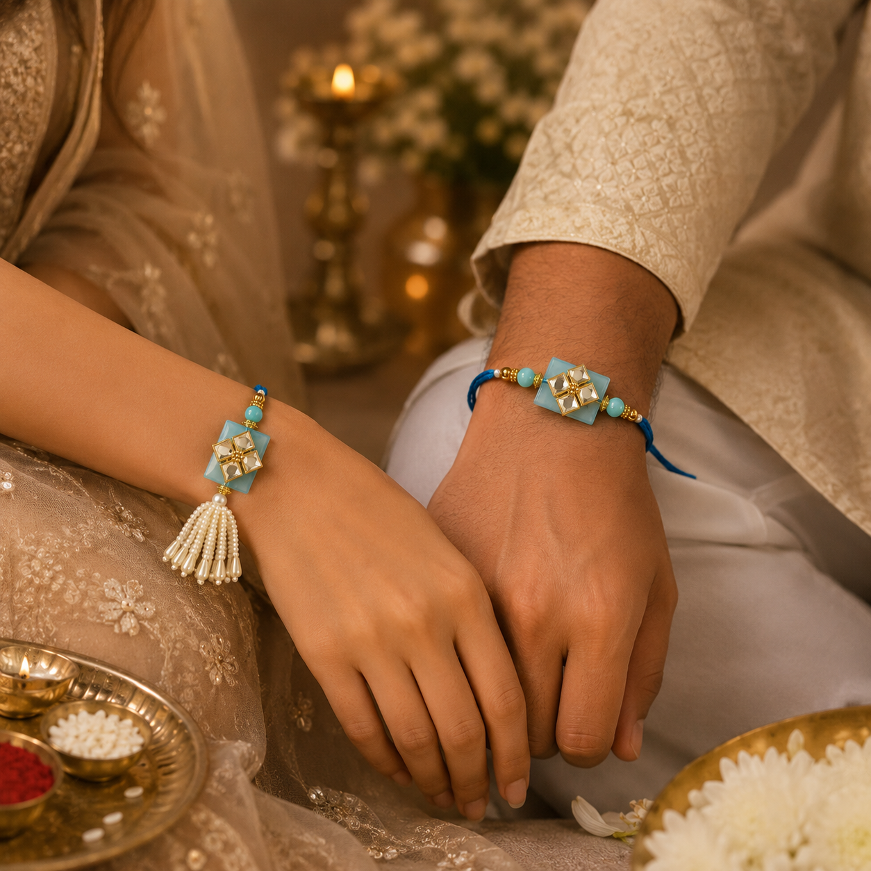 Bhaiya Bhabhi Rakhi Set – Pearl and Crystals Design
