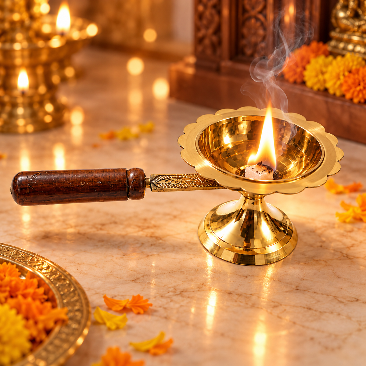 Brass Dhoop Dani with Wooden Handle