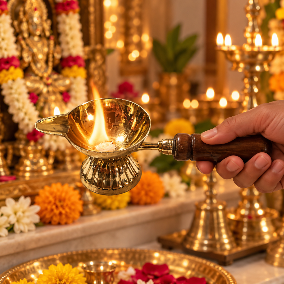 One Mukhi Akhand Brass Diya With Wooden Handle - 4 inch