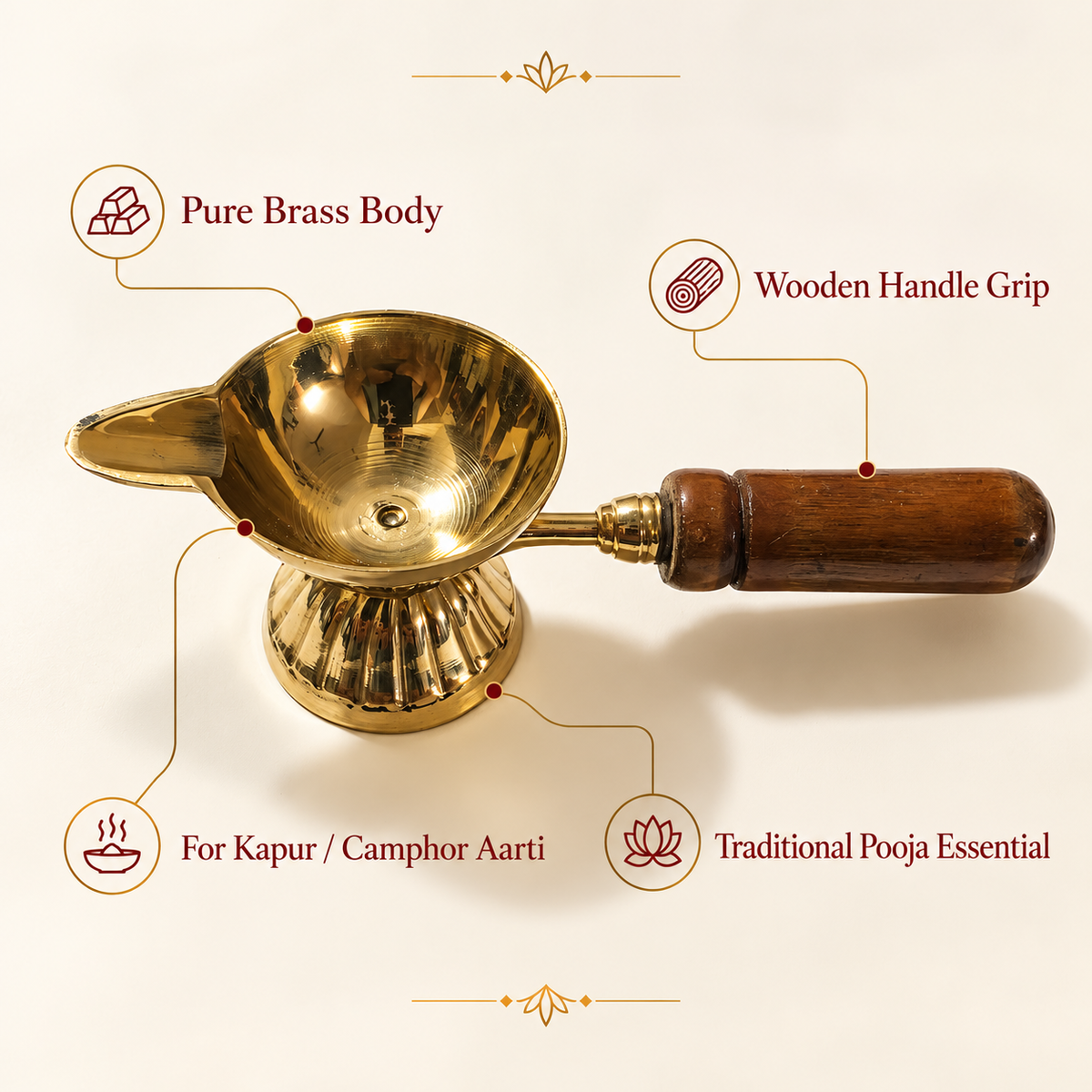 One Mukhi Akhand Brass Diya With Wooden Handle - 4 inch