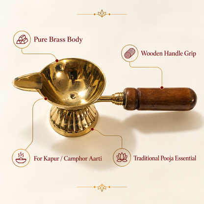One Mukhi Akhand Brass Diya With Wooden Handle - 4 inch