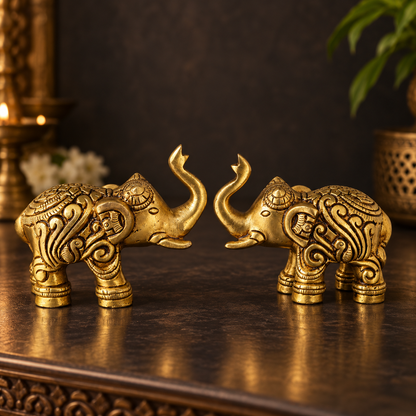 Pure Brass Elephant Statue Pair - 3.5 inch