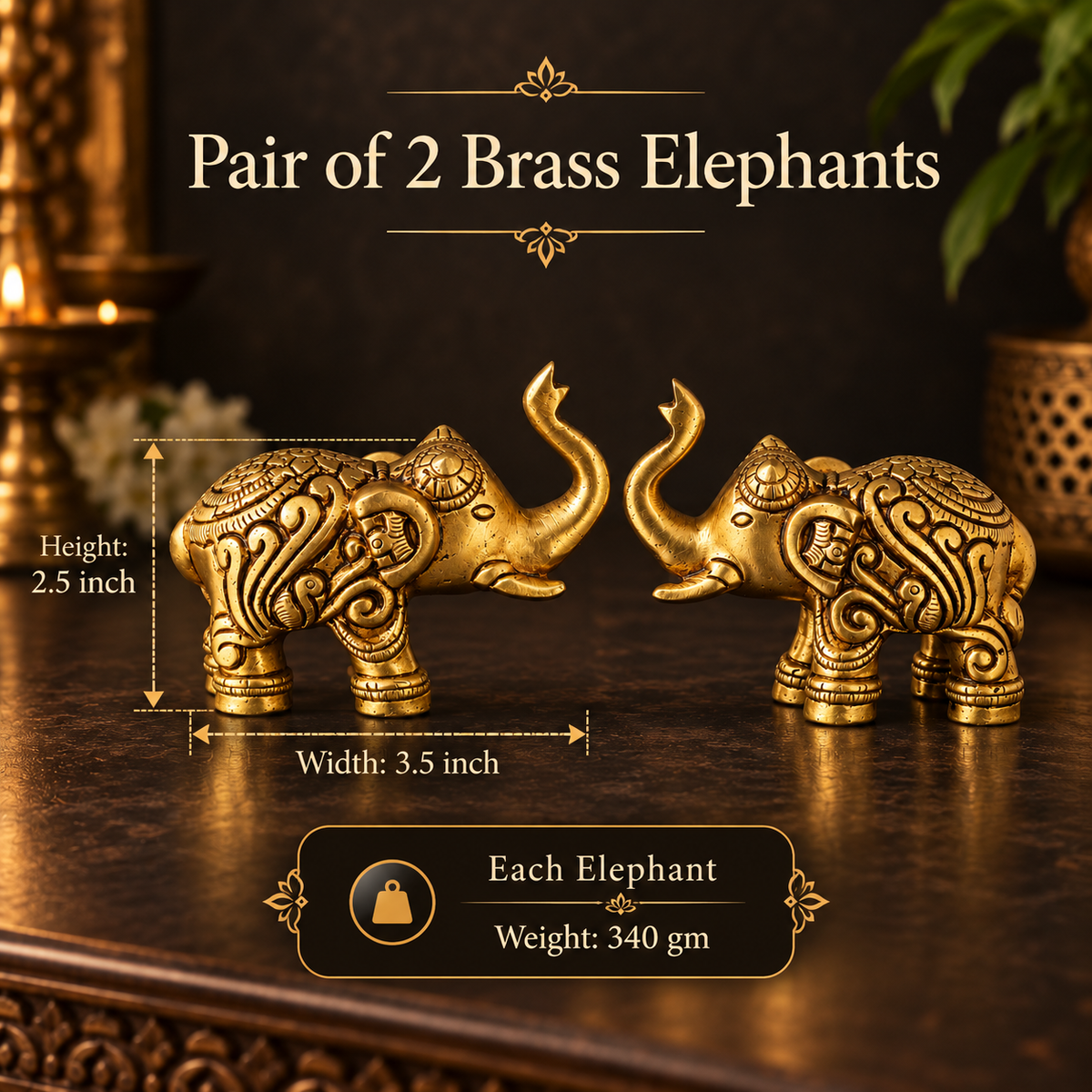 Pure Brass Elephant Statue Pair - 3.5 inch