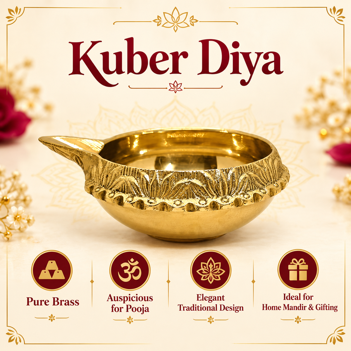 Kuber Pure Brass Diya for Puja - 2 inch