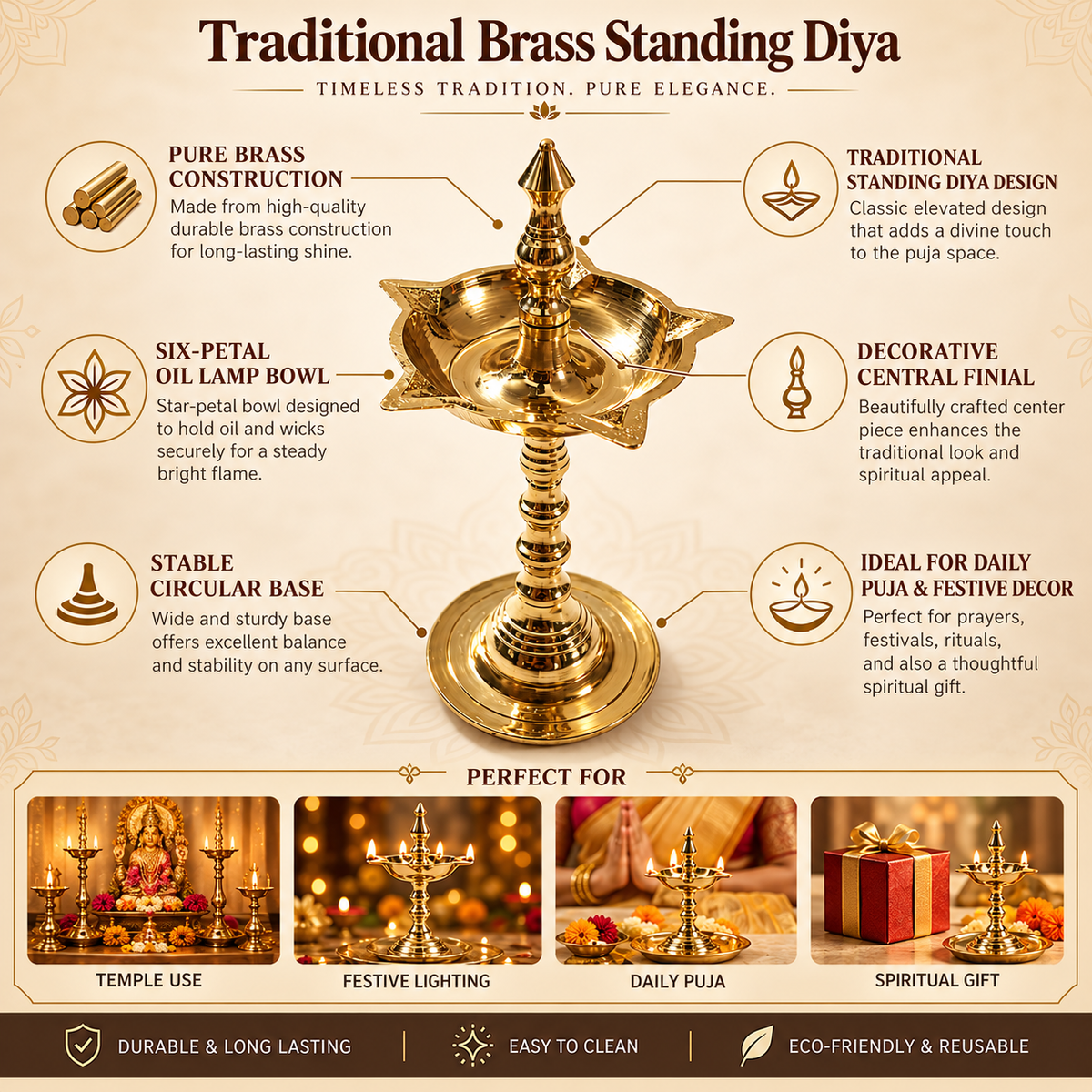 Pure Brass Kerala Diya Standing Lamp - Small