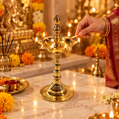 Pure Brass Kerala Diya Standing Lamp - Small