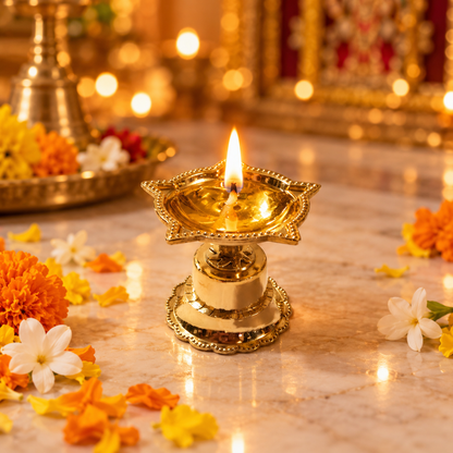 Panchmukhi Nakshatra Brass Diya - 2.5 inch - Brass Lotus Diya with Stand