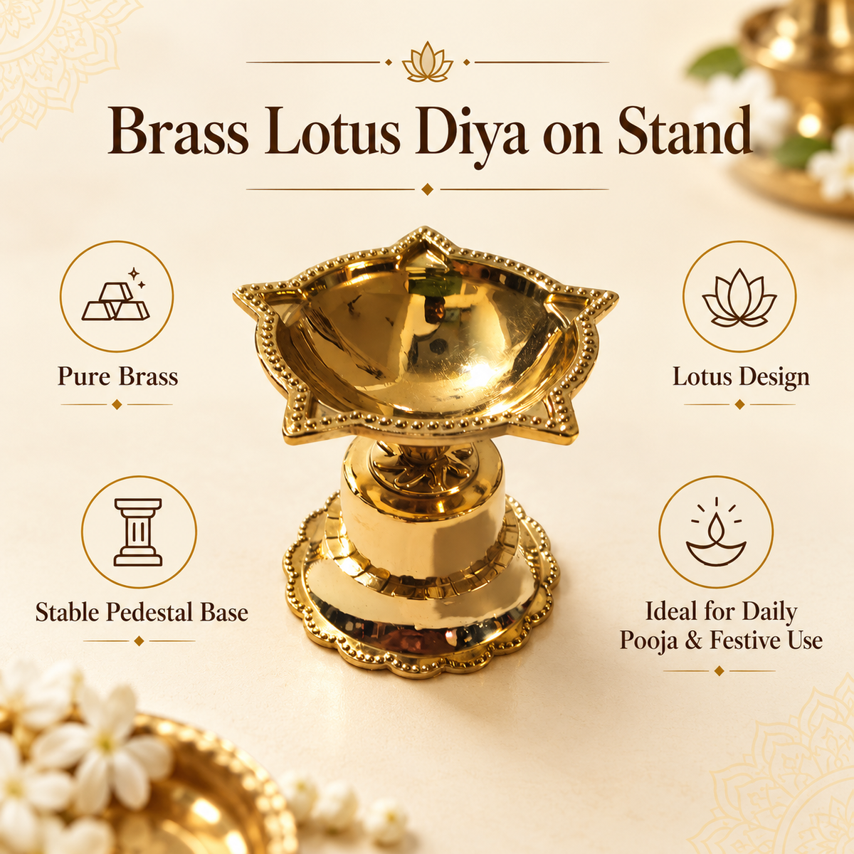 Panchmukhi Nakshatra Brass Diya - 2.5 inch - Brass Lotus Diya with Stand