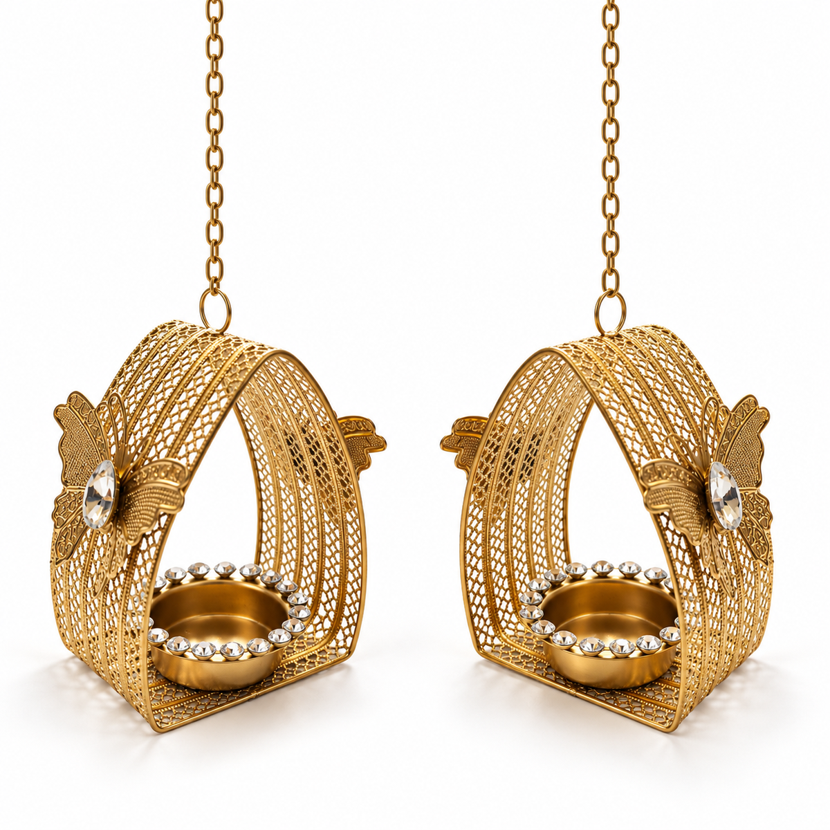 Ornate Golden Hanging Diya Holders - Set of 2