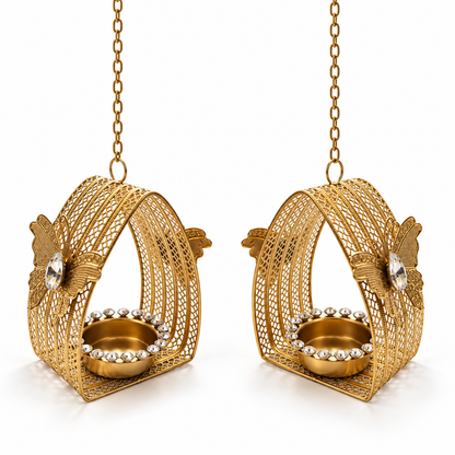 Ornate Golden Hanging Diya Holders - Set of 2