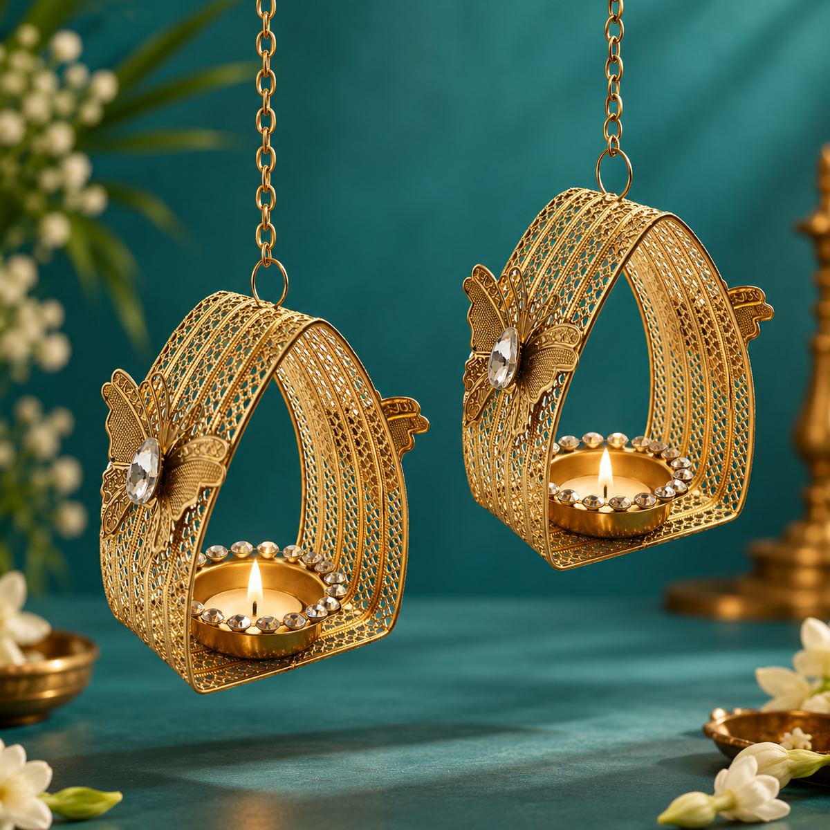 Ornate Golden Hanging Diya Holders - Set of 2