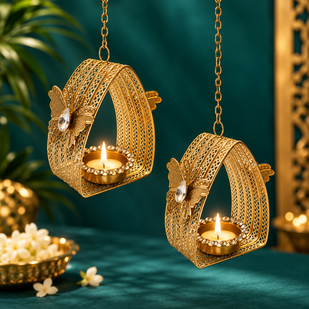 Ornate Golden Hanging Diya Holders - Set of 2