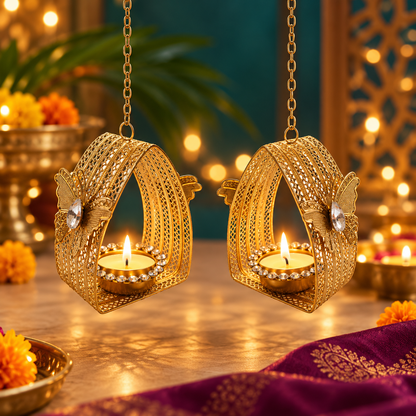 Ornate Golden Hanging Diya Holders - Set of 2