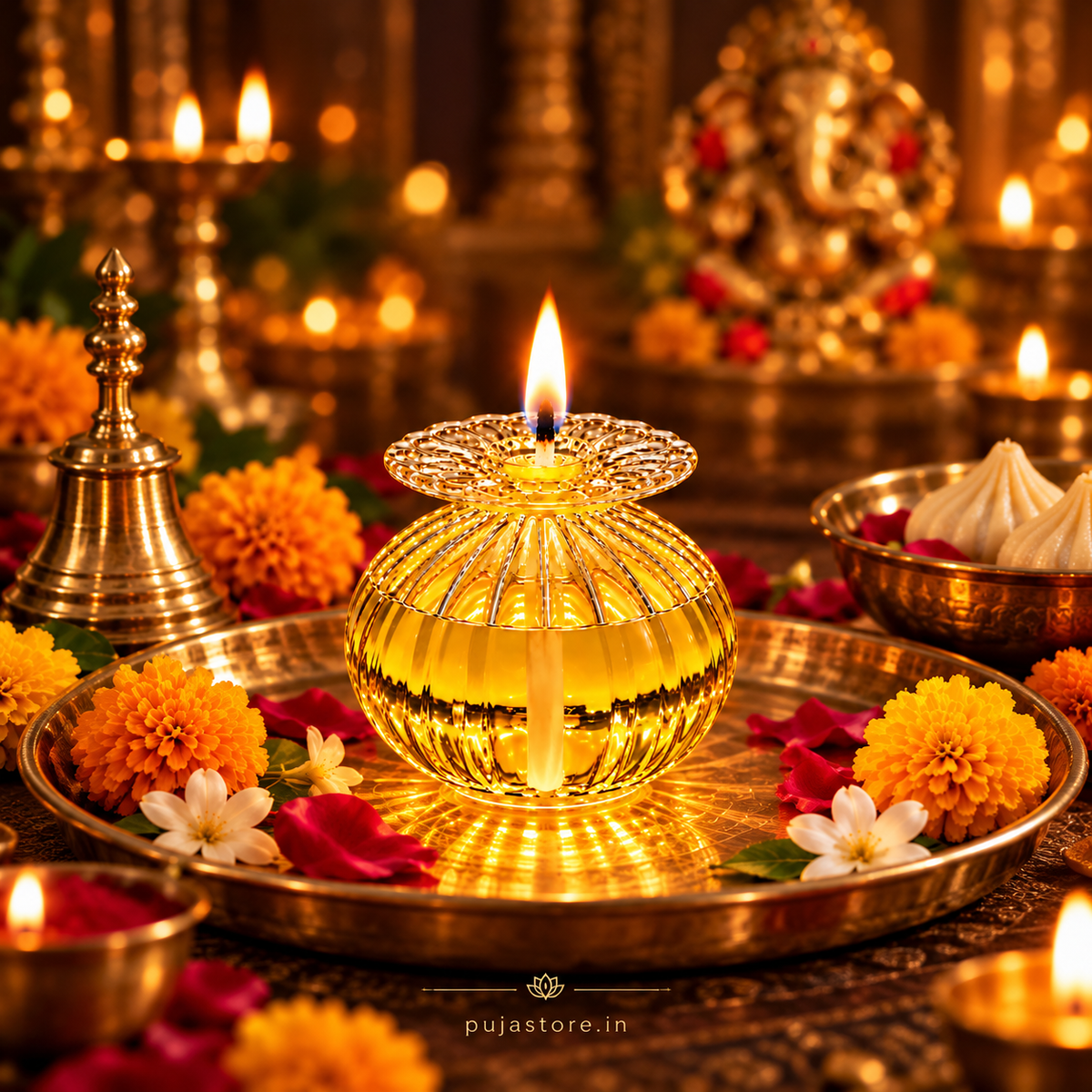 Premium Floral Glass Akhand Diya