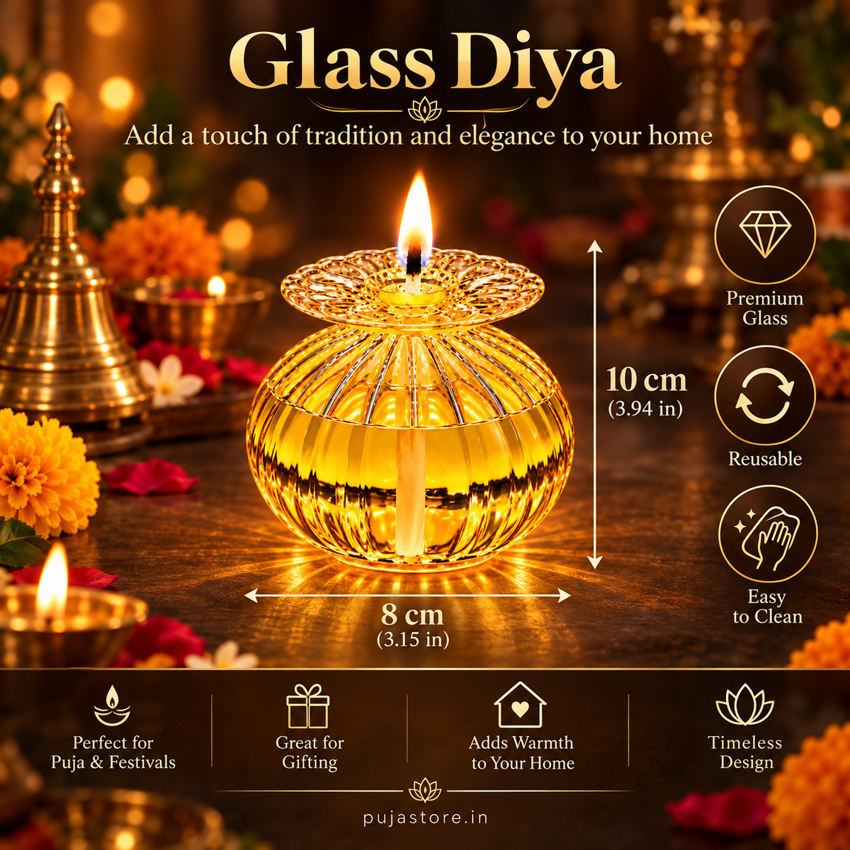 Premium Floral Glass Akhand Diya