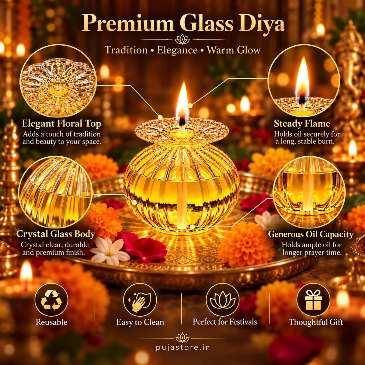 Premium Floral Glass Akhand Diya