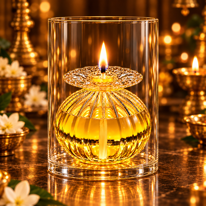 Premium Glass Akhand Jyot Diya Set with Protective Chimney