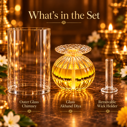 Premium Glass Akhand Jyot Diya Set with Protective Chimney