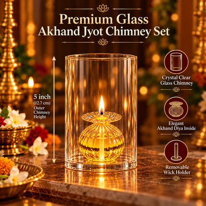 Premium Glass Akhand Jyot Diya Set with Protective Chimney