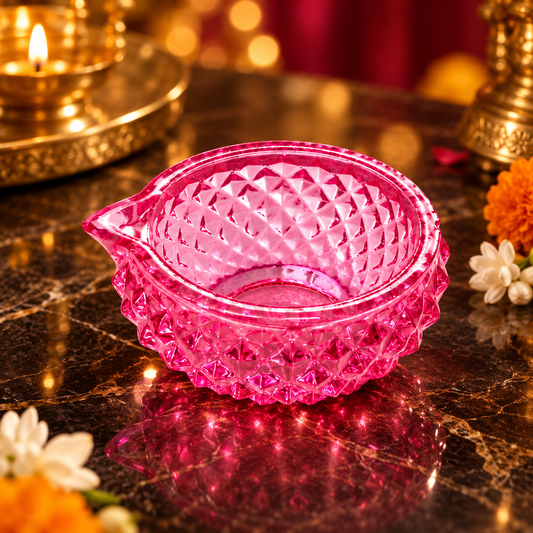 Premium Decorative Puja Deepak | Diamond-Cut Glass Diya Pink