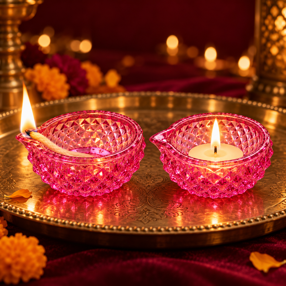 Premium Decorative Puja Deepak | Diamond-Cut Glass Diya Pink