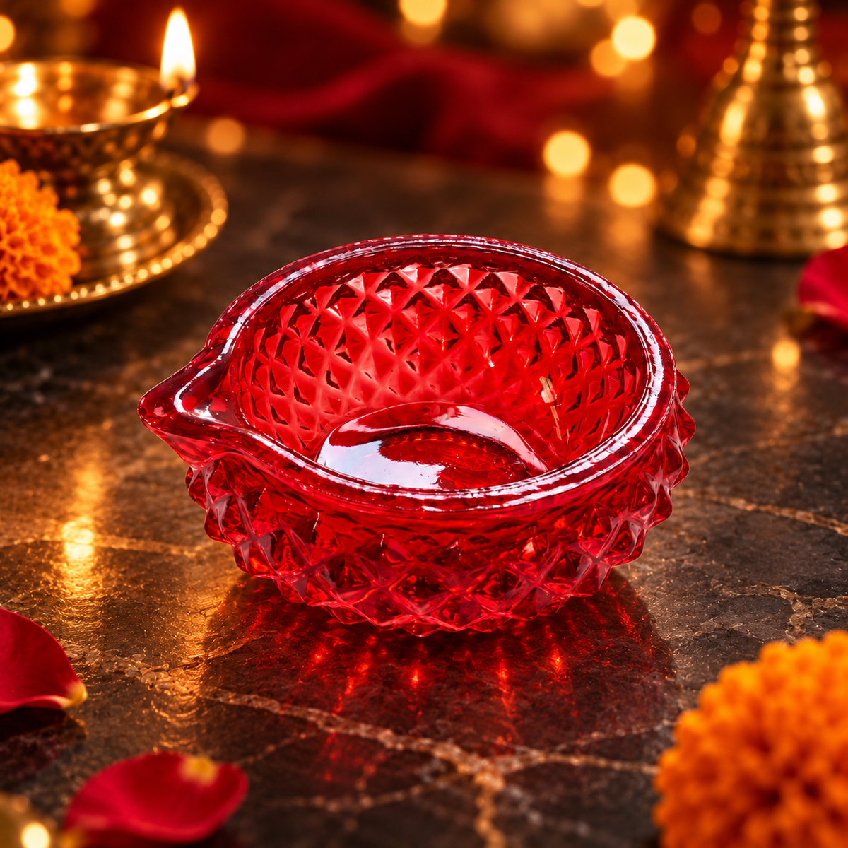 Diamond Cut Premium Glass Diya - Set of 4