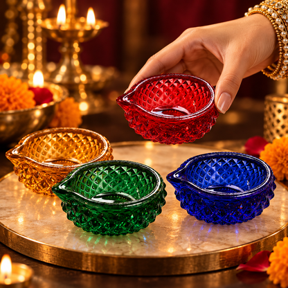 Premium Decorative Puja Deepak | Diamond-Cut Glass Diya Red
