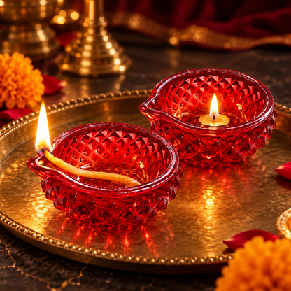 Premium Decorative Puja Deepak | Diamond-Cut Glass Diya Red