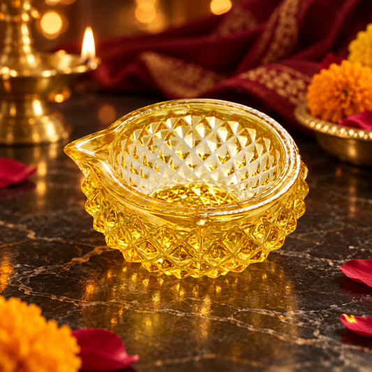 Premium Decorative Puja Deepak | Diamond-Cut Glass Diya Yellow