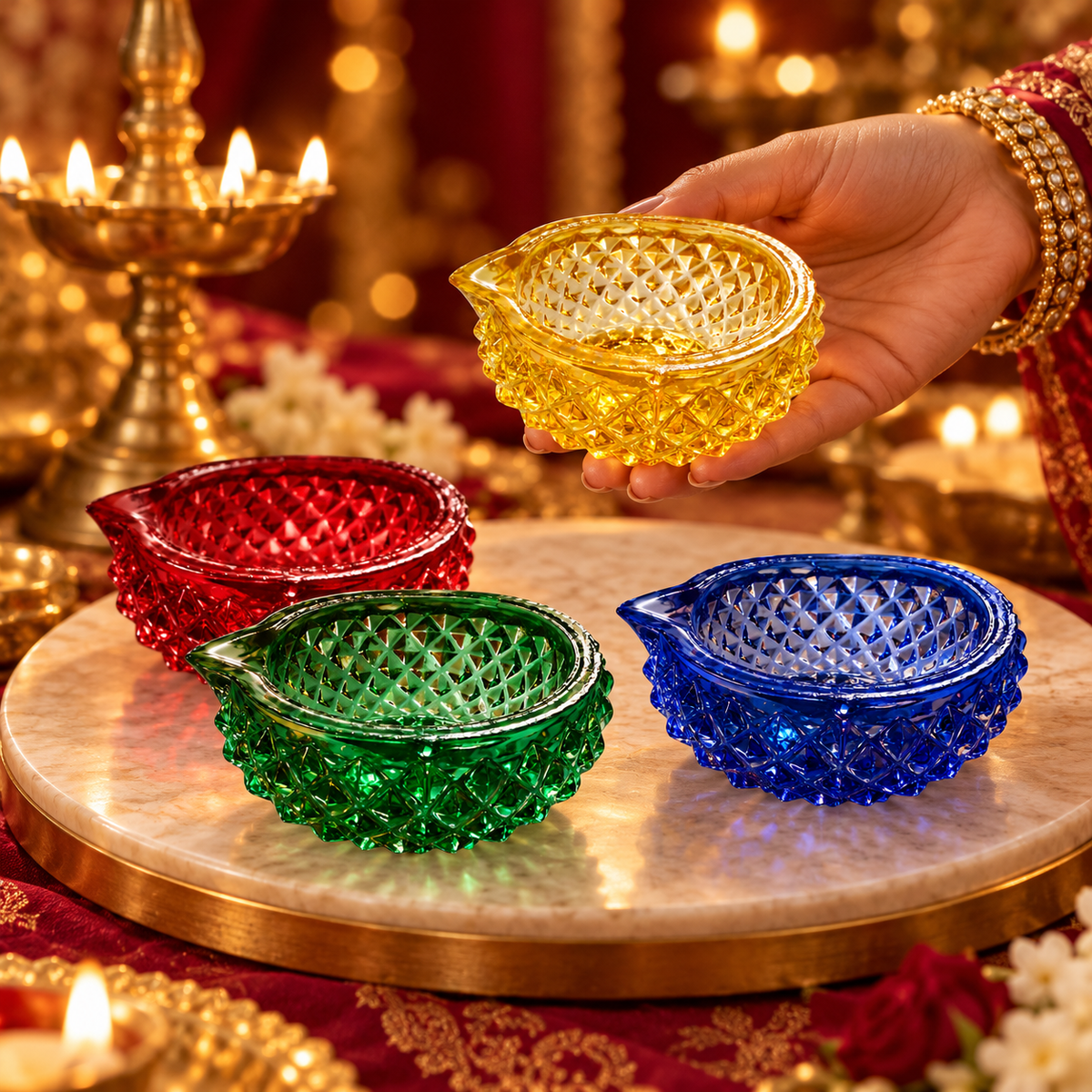Premium Decorative Puja Deepak | Diamond-Cut Glass Diya Yellow
