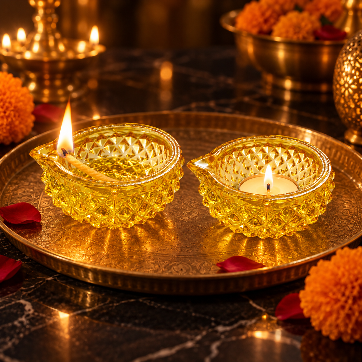 Premium Decorative Puja Deepak | Diamond-Cut Glass Diya Yellow