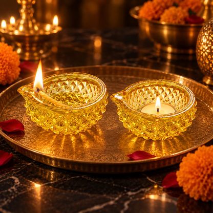 Premium Decorative Puja Deepak | Diamond-Cut Glass Diya Yellow