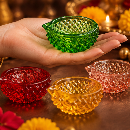 Premium Decorative Puja Deepak | Diamond-Cut Glass Diya Green