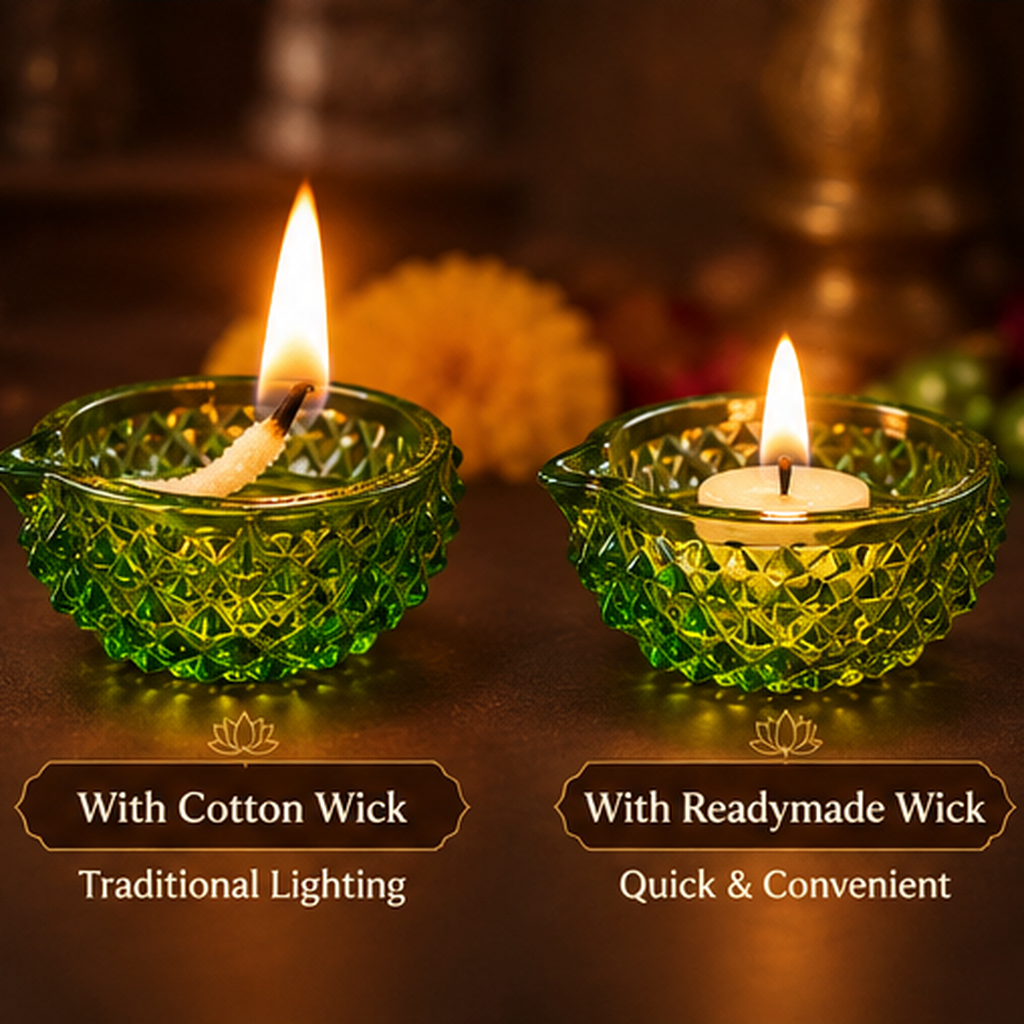 Premium Decorative Puja Deepak | Diamond-Cut Glass Diya Green