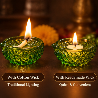 Premium Decorative Puja Deepak | Diamond-Cut Glass Diya Green