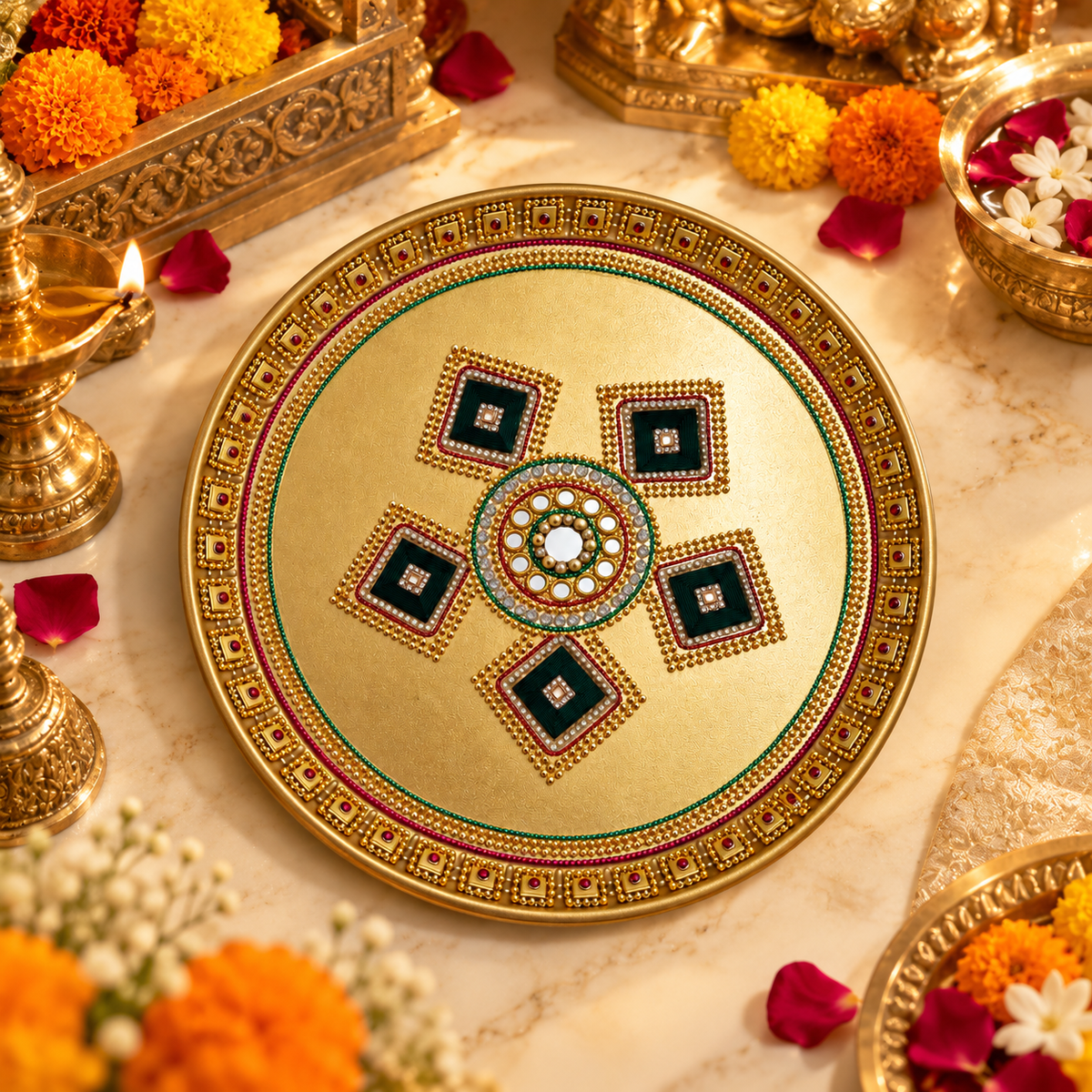 Golden Kundan Pooja Thali | 10 Inch