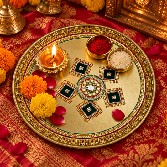 Golden Kundan Pooja Thali | 10 Inch