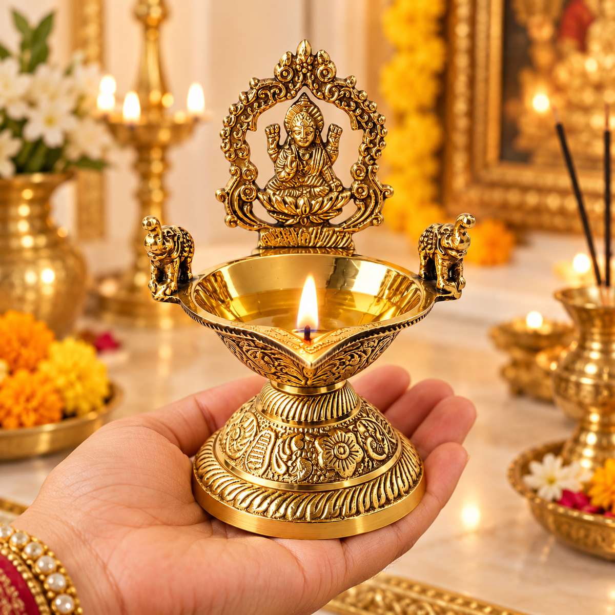 Gaja Lakshmi Brass Diya  - 6 inch