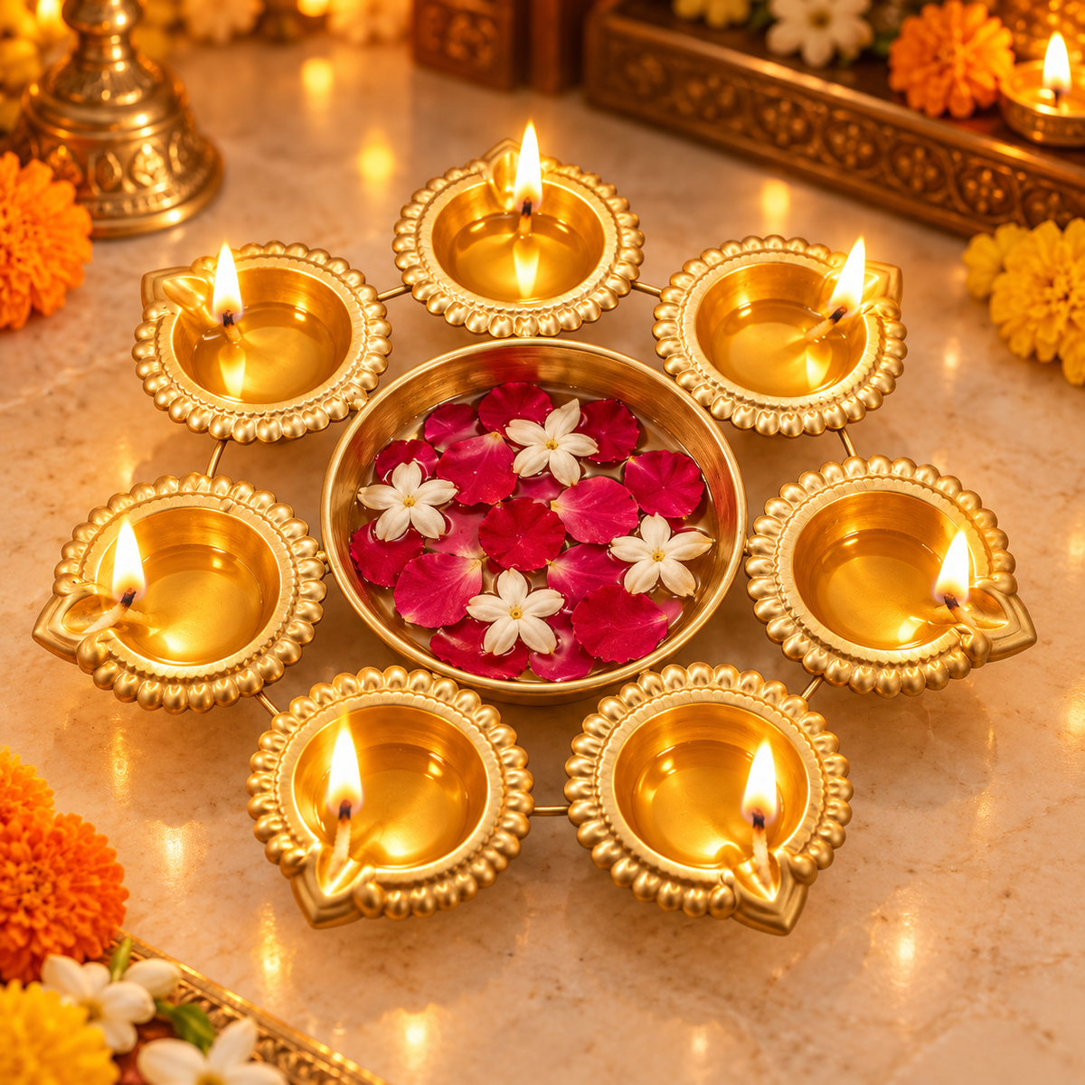 7 Diya Urli with Central Flower Bowl