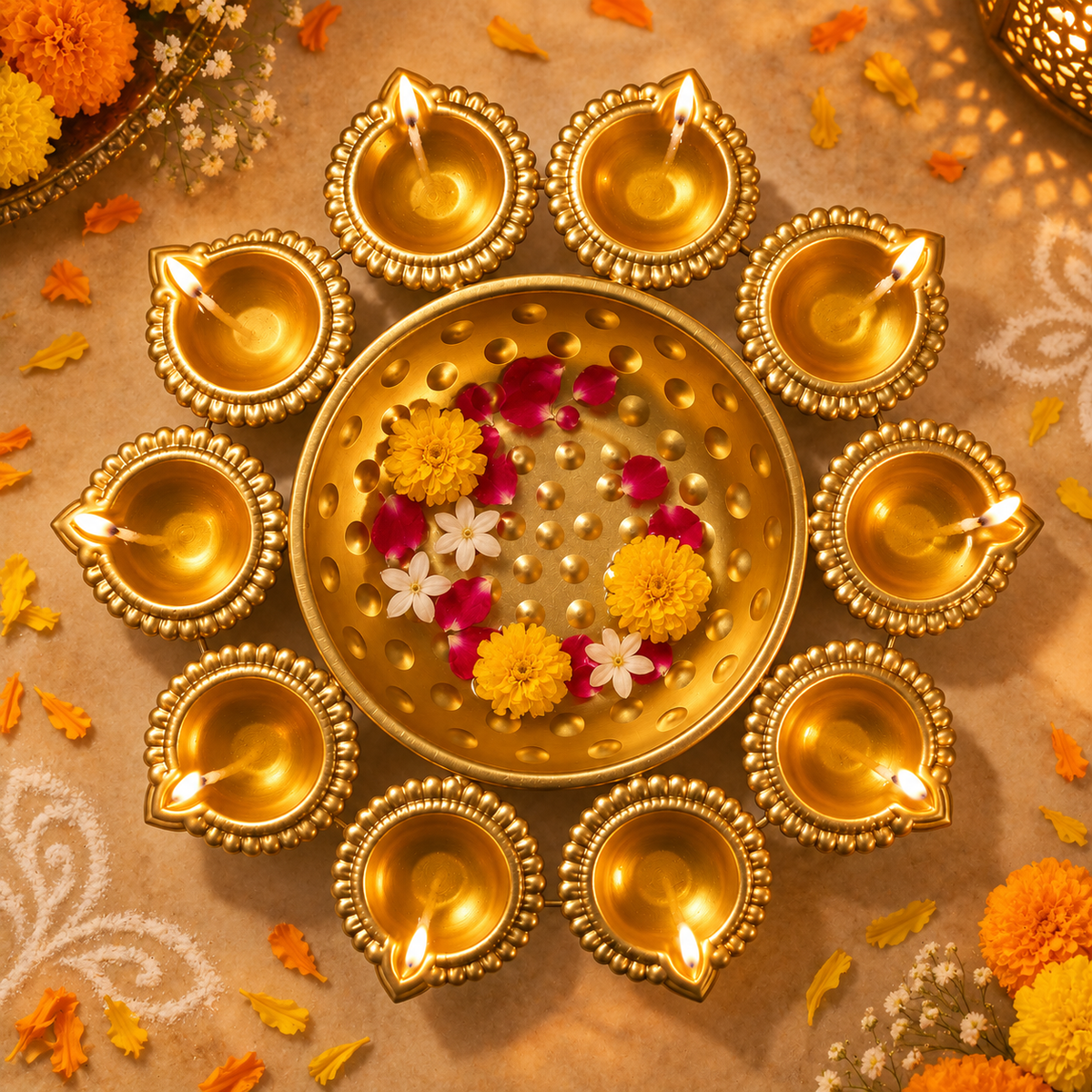 10 Diya Urli with Central Flower Bowl