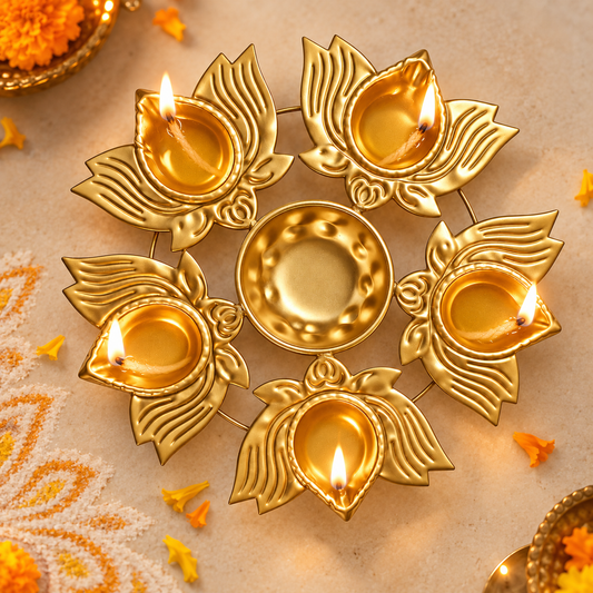 5 Diya Urli with Lotus Design