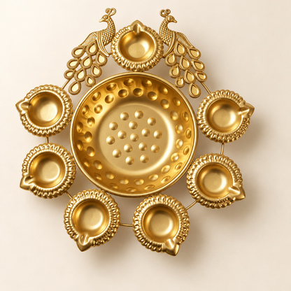 7 Diya Urli with Peacock Pair