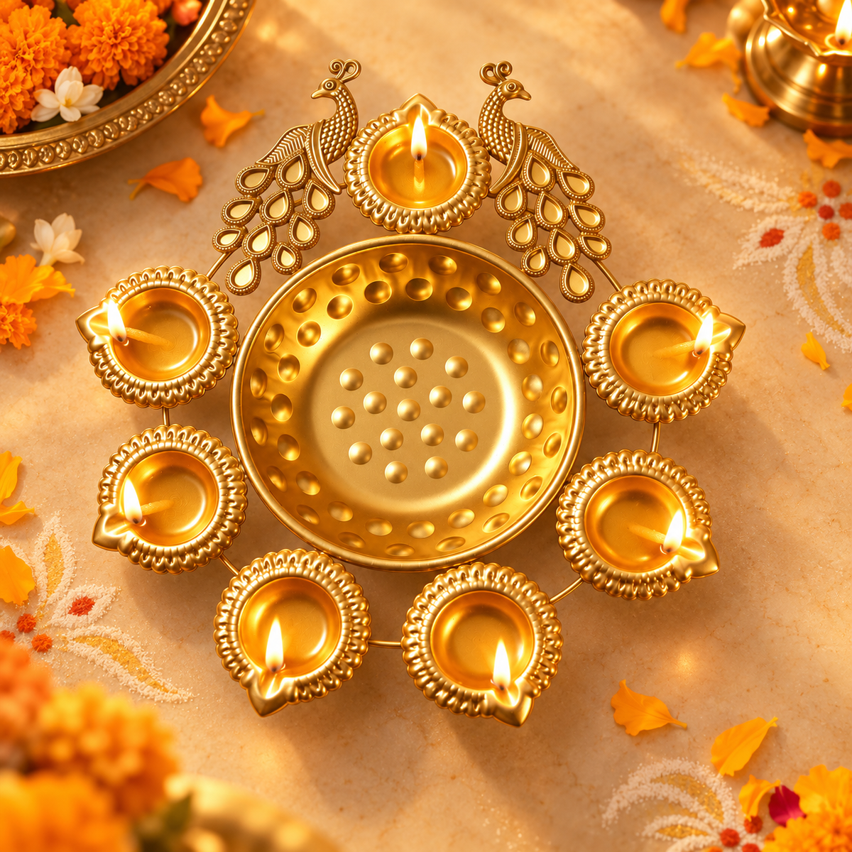 7 Diya Urli with Peacock Pair
