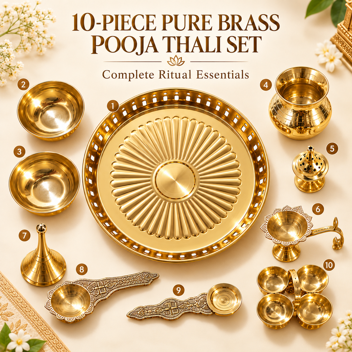 Brass Pooja Thali Set 10 Pieces