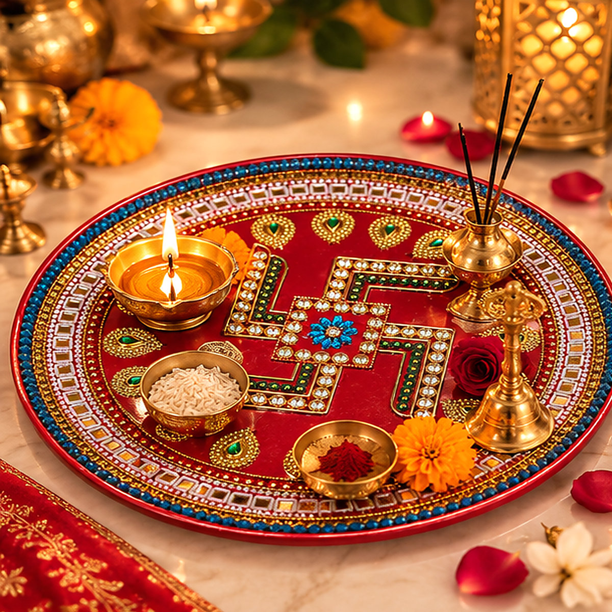 Decorative Swastik Pooja Thali - 10 Inch